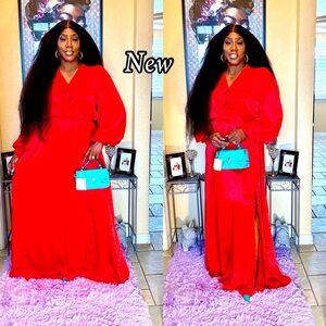 Aura Red V-Neck Gown with Bishop Sleeves